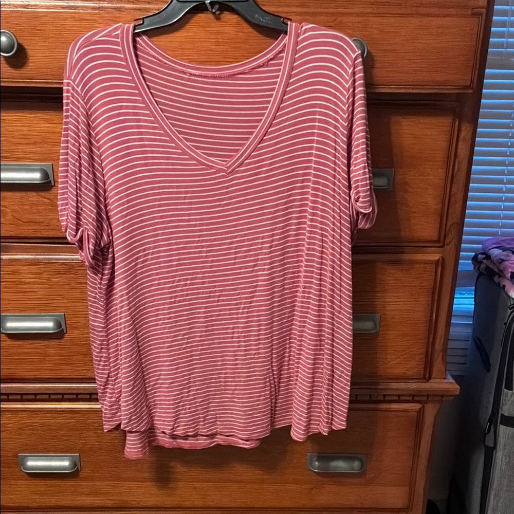 Pink Striped V-Neck Women's Top